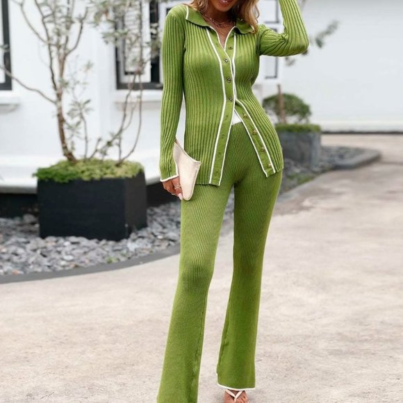 MODA ME COUTURE Sweaters - Striped Trim Single Breasted Rib-knit Cardigan & Knit Pants Green Coord set